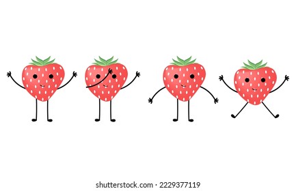 a collection of illustrations of strawberries with cheerful faces on a white background