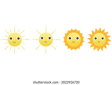 a collection of illustrations of the sun with a cheerful, funny and adorable face, with a combination of bright yellow and orange colors