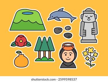A collection of illustrations symbolizing Jeju Island, South Korea. Outlined vector isolated graphics set.