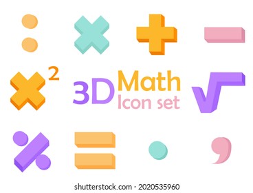 una colección de ilustraciones de símbolos en matemáticas con diseños 3d, con diseños simples y modernos
