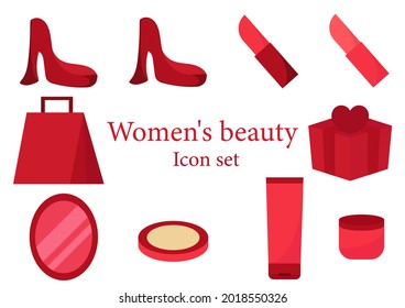 a collection of illustrations with the theme of women's beauty equipment, with a beautiful combination of red and pink colors