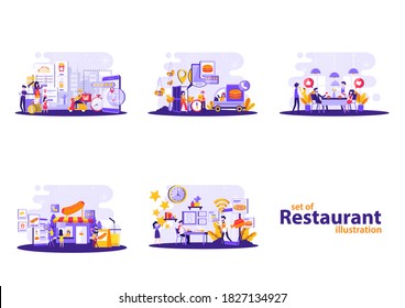 a collection of illustrations of tiny people with the theme of restaurants and food. Vector illustration