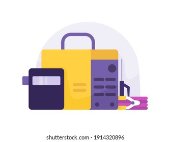 a collection of illustrations of tools or equipment for welding. electric welding machine, cable, welding face shield. flat style. vector design element
