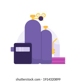 una colección de ilustraciones de herramientas o equipos de soldadura. soldadura de acetileno o de gas, cable, protección facial de soldadura. estilo plano. elemento de diseño vectorial