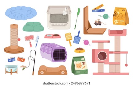 A collection of illustrations of various cat supplies, food, and snacks.