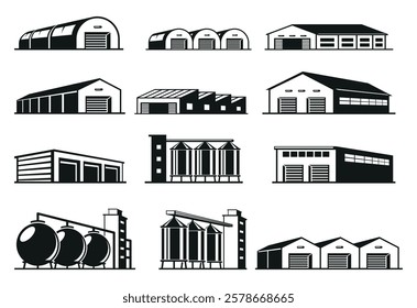 A collection of illustrations of various commercial and industrial warehouses and storage facilities, highlighting their unique designs and architectural features.