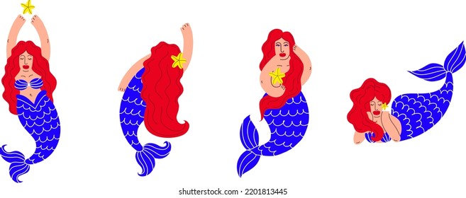 Collection of illustrations of various multicolored cartoon mermaids with fish tail isolated on white background