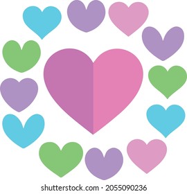 Collection of illustrations, vectors, 13 hearts in the middle, half pastel, on a white background. Suitable for creating posters, designs, icons, symbols, websites, buttons, cards and other tasks.