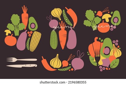 Collection of illustrations with vegetables, berries, cutlery in flat style. Vector isolated clip arts with veggies, broccoli, carrot, onion, garlic, avocado, beet, redis for vegan, vegetarian merch.