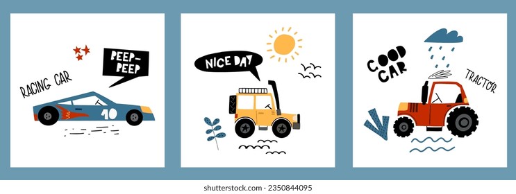 Collection illustrations with vehicles. Cute set children's poster with car, racing car, tractor and lettering in cartoon style. Illustration for the design postcard, textiles, apparel. Vector. EPS 10