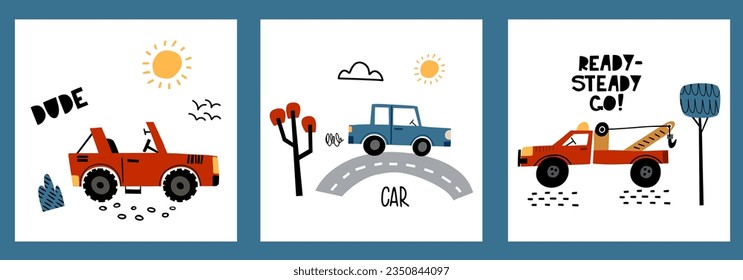 Collection illustrations with vehicles. Cute set children's poster with car, engine, tractor and lettering in cartoon style. Illustration for the design postcard, textiles, apparel. Vector. EPS 10