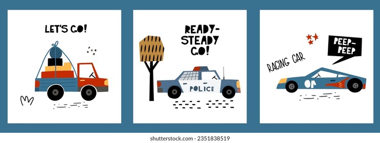 Ilustraciones de colección con vehículos. Afiche infantil con auto de carreras, auto de la policía y letras al estilo de las caricaturas. Ilustración para el diseño postal, textiles, prendas de vestir. Vector. EPS 10