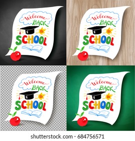 Collection of illustrations of Welcome Back to School lettering with graduation hat and plasticine letters on light wood, chalkboard and transparency background.