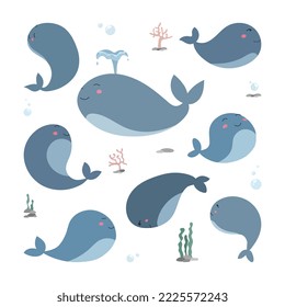 Colección de ilustraciones ballena, lindo estilo plano, infantil, dibujos animados, elementos decorativos