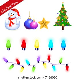 a collection of illustrations which are christmas related with lights and bulbs and sanata as a snowman