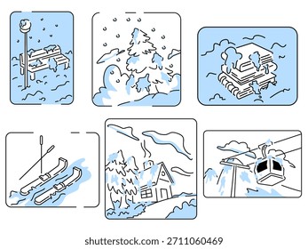 collection of illustrations of winter scenery and activities