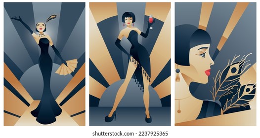 collection of illustrations of women in art deco style, blue-black and gold colours