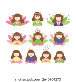 Collection of illustrations of women with peace of mind and love with cute flower ornaments