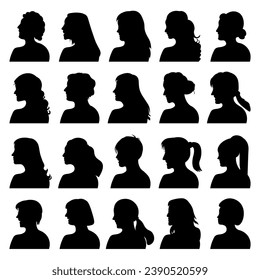 Collection of illustrations of women's heads, faces, laughing and smiling