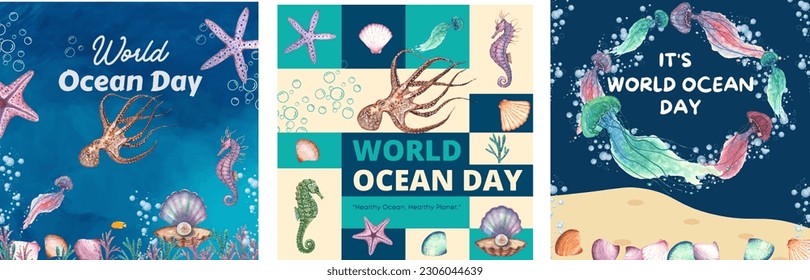 Collection of illustrations for World Ocean Day.