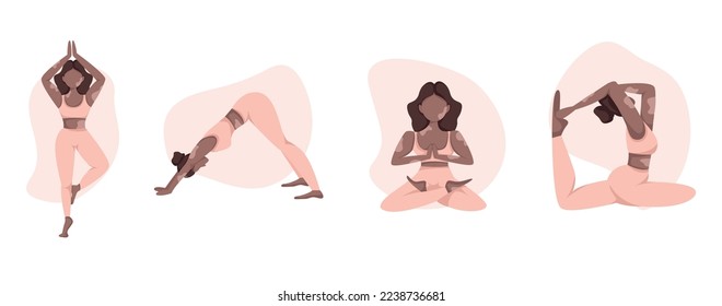 Collection of illustrations of yoga poses.Woman with vitiligo.
