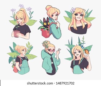 Collection of illustrations of yong girl related to gardening, flowers and summer. Vector illustration