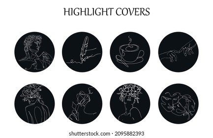 Collection of illustratrations for highlight covers for social media with one line elements. Line art in minimalistic style for social media. Black and white line art elements for social network