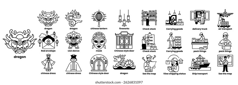 A collection of images of Asian characters and symbols in line drawing style