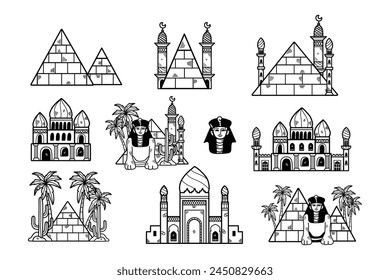 A collection of images of buildings and monuments from Egypt and the Middle East. The mood of the images is one of wonder and awe, as they depict the grandeur of these ancient structures
