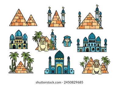 A collection of images of buildings and monuments from Egypt and the Middle East. The mood of the images is one of wonder and awe, as they depict the grandeur of these ancient structures