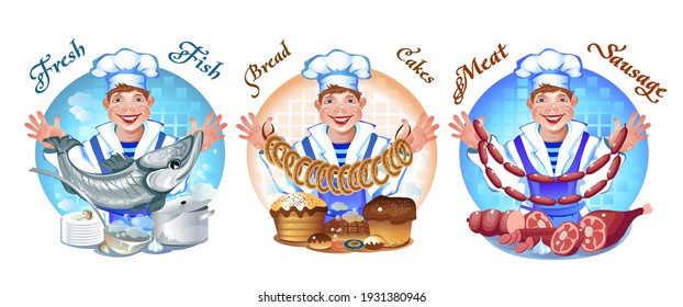 A collection of images of a chef preparing various dishes, fish, pastries and meat and sausage products. Set.