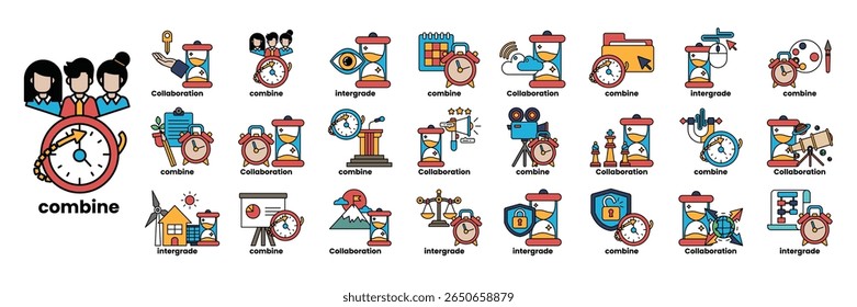 A collection of images with clocks on them. The images are in different sizes and colors. The images include a clock with a woman and a man, a clock with a woman and a child, a clock with a man