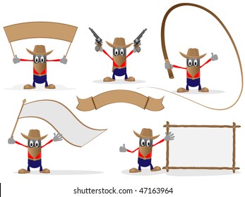 Collection of images of the comic cowboy with various subjects on a pure background