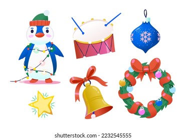 Collection of images to create invitation posters and greeting cards for Christmas and winter holidays. Isolated vector decorations.Ornaments for Christmas tree and door. Bell wreath lights and toys