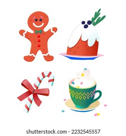Collection of images to create invitation posters and greeting cards for Christmas and winter holidays. Isolated vector decorations. Traditional foods  treats and desserts. Cake, cookies and cocoa