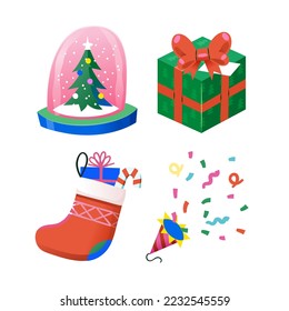 Collection of images to create invitation posters and greeting cards for Christmas and winter holidays. Isolated vector decorations. Snow ball, presents and popper. Toys and gifts