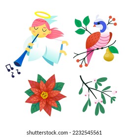 Collection of images to create invitation posters and greeting cards for Christmas and winter holidays. Isolated vector decorations. Red flower, angel singing, bird on tree.