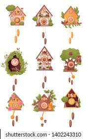 Collection of images of the cuckoo clock. Vector illustration on a white background.