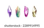 A collection of images of diamonds of various geometric shapes, colors and sizes.Glass shiny crystals with different shades reflecting light.Vector realistic set of glow gemstone or colorful ice.