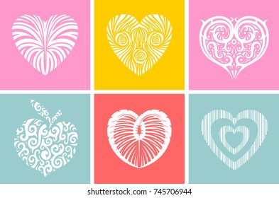 Collection of images of different hearts.  Different colors and shapes.  Ornaments and patterns.  Vector image.  Can be used in any advertising and design.  Actual on Valentine's Day