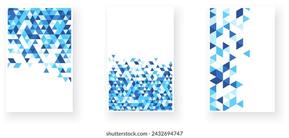 Colección de imágenes con triángulos azules que fluyen, evocando una sensación de movimiento y conectividad digital en un patrón geométrico. Ilustración de vector