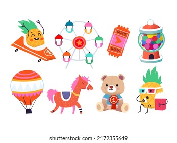 Collection of images for funfair invitations designs, for funny cards, cute decorations. Stickers representing summer fun at a fair. Isolated vector images.