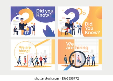 Collection of images with graduating people and people hiring. Education, future, job. Flat vector illustration. Career concept for banner, website design or landing web page