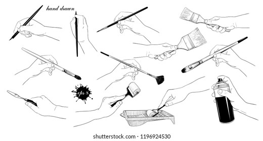 

A Collection Of Images Of Hands With A Variety Of Artistic Brushes And Tools.
Hand Drawn Vector Illustration. Isolated Objects On White Background. Clipart.
