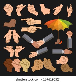 A collection of images of human hands. Various gestures and compositions for your project. Icons, emblems, symbols on a black background. Vector set
