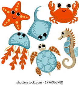 Collection of images of marine life. Crab, stingray, seahorse, jellyfish, starfish and turtle. element for design, clipart.