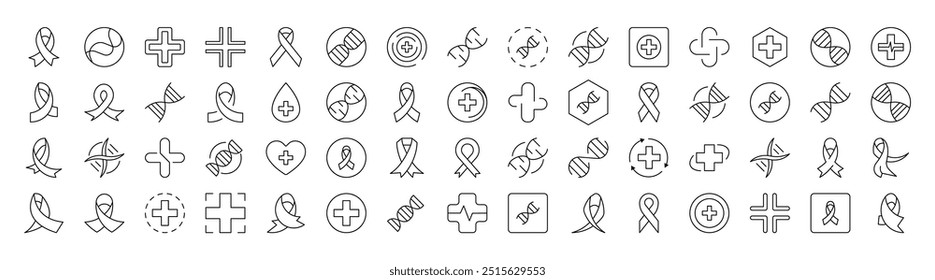 Collection of Images of Medical Cross, Pink Ribbon, DNA Drawn with Thin Line for apps, web sites, banners, infographics and other types of design