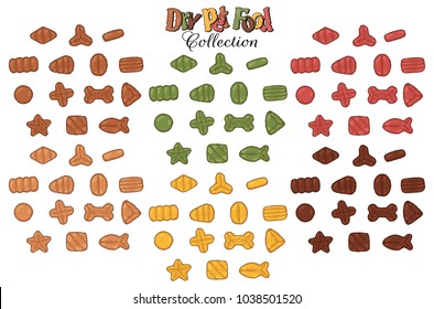 Collection of images on the theme of dry food for cats and dogs. Vector snacks for pets.