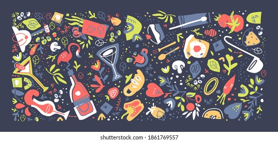 A collection of images on the theme of food and nutrition. Horizontal banner with a dark neutral background.