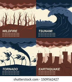 A collection of images on the theme of natural disasters. Seth with disasters. Tornado, hurricane, wildfire, tsunami, earthquake. Set of backgrounds. Backgrounds for cards, website, screensavers